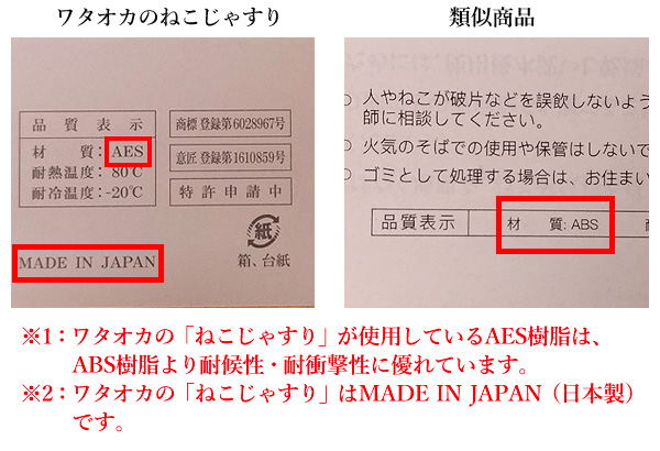 ワタオカの「ねこじゃすり」が使用しているAES樹脂は、ABS樹脂より耐候性・耐衝撃性に優れています。ワタオカの「ねこじゃすり」はMADE IN JAPAN（日本製）です。